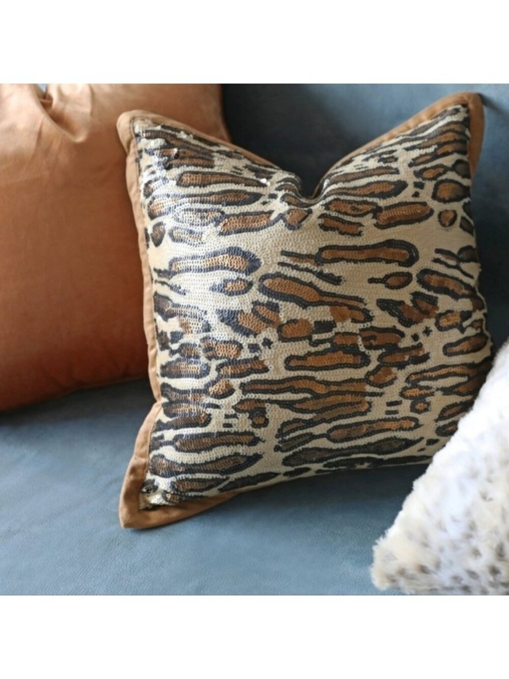 Leopard Print Sequin Brown Tan Leopard Animal Print Throw Pillow Home Decor 15"